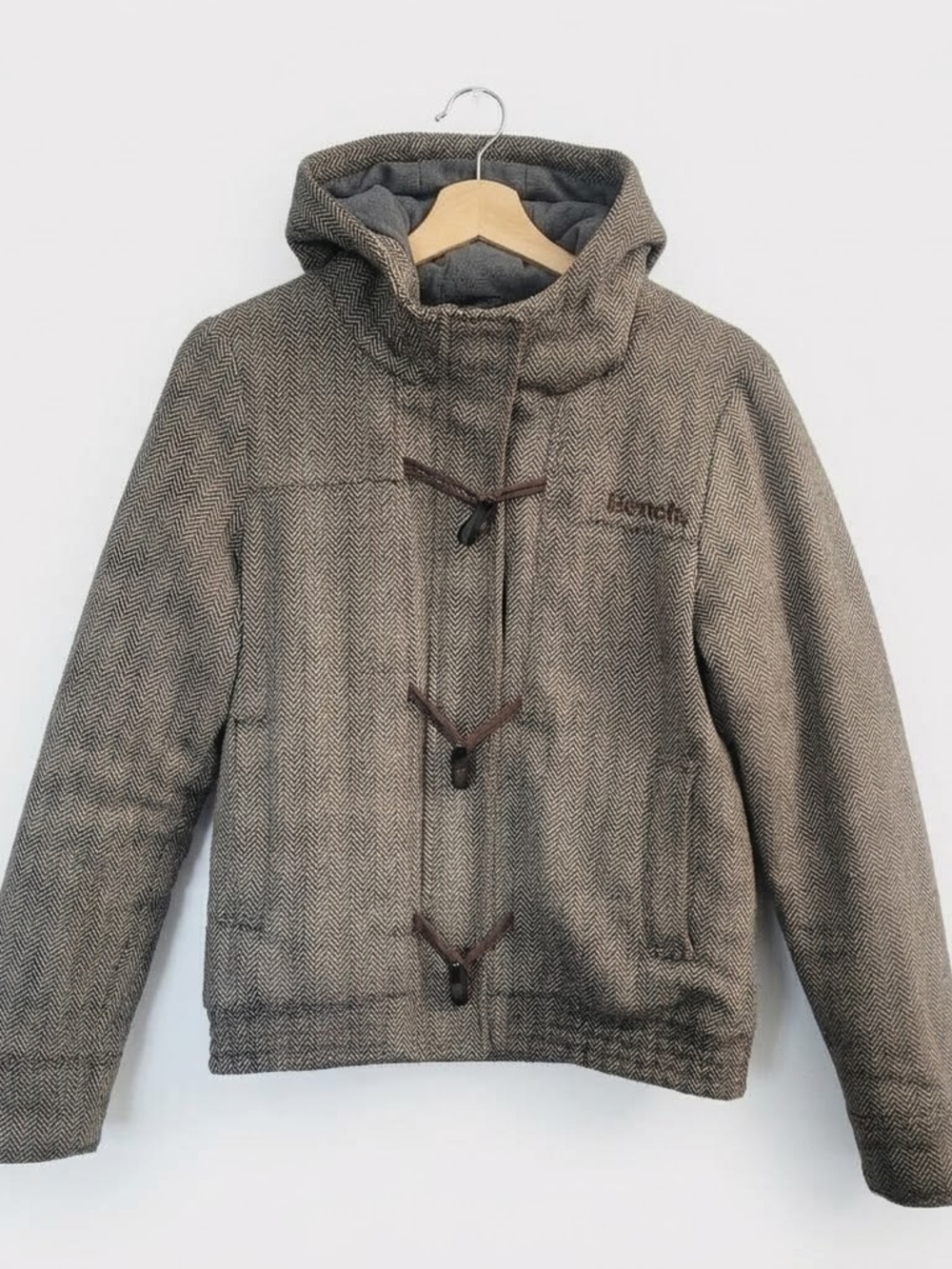BENCH Men's L Brown Vtg Herringbone Duffle-Style Jacket Y2K Cabincore